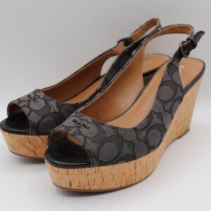 Women's Coach Ferry Logo Signature Wedge Gray/Black Buckle Sandals Size 9B